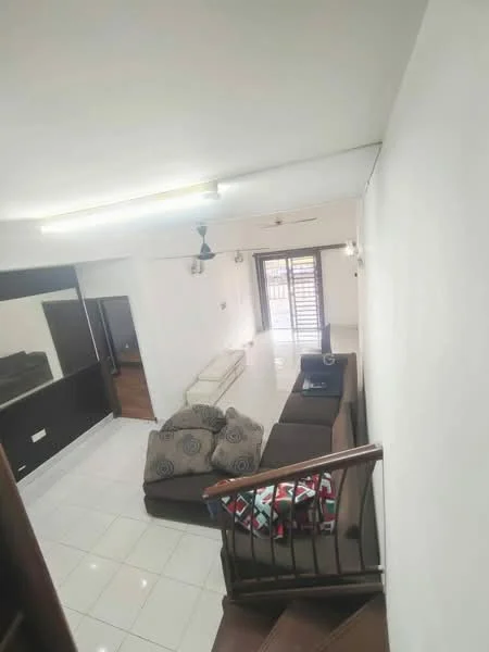 Living features: white painted walls, glossy white tile flooring, 5-blade ceiling fan, sofa with cushions, coffee table, TV console, floor-to-ceiling windows, sliding glass door, decorative wall mirror, staircase with wooden railing; style: modern.
