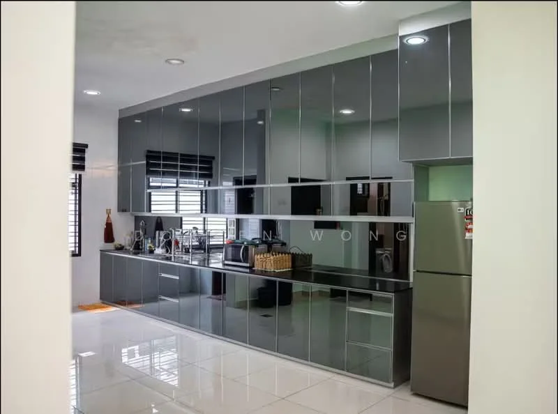 Kitchen features: grey high-gloss cabinetry, black countertop, stainless-steel fridge, built-in oven, 4-burner gas hob, single-bowl stainless-steel sink, chrome pull-down faucet, tile flooring, recessed downlights, window with black blinds, open shelving, decorative items on countertop; style: modern.