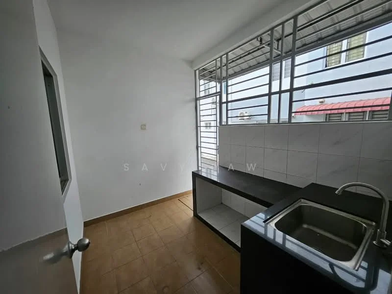 Kitchen features: black countertop, single-bowl stainless-steel sink, chrome pull-down faucet, white tiled backsplash, brown tiled flooring, large windows with metal grilles, natural light from windows, open layout; style: modern.