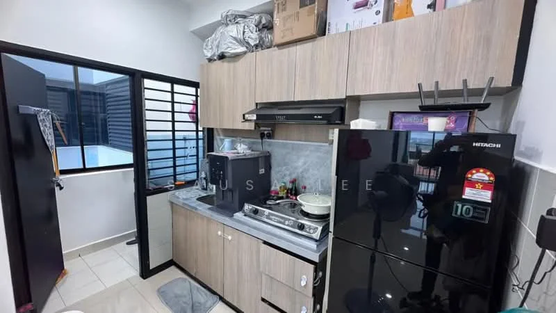 Kitchen features: wood cabinetry in light brown, grey marble countertop, stainless-steel sink, black built-in oven, black refrigerator, microwave, kitchen utensils on countertop, window with black grille, white tiled backsplash, ceramic tile flooring, wall-mounted shelf, light fixture, open shelving, dish rack; style: modern; view: courtyard.