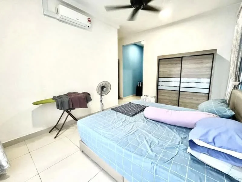Bedroom features: queen-size bed, upholstered headboard, bedding in blue and purple, 2 bedside pillows, built-in wardrobe with sliding doors, wall-mounted air conditioning unit, ceiling fan, tile flooring, window with curtains, folding clothes drying rack, small standing fan; style: modern.