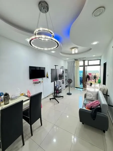 Living features: white painted walls, glossy tile flooring, tray ceiling with LED lighting, chandelier, wall-mounted TV, black TV console, grey fabric sofa, dining table with black chairs, floor-to-ceiling windows, curtains, standing fan, decorative items on table; style: modern; view: city.