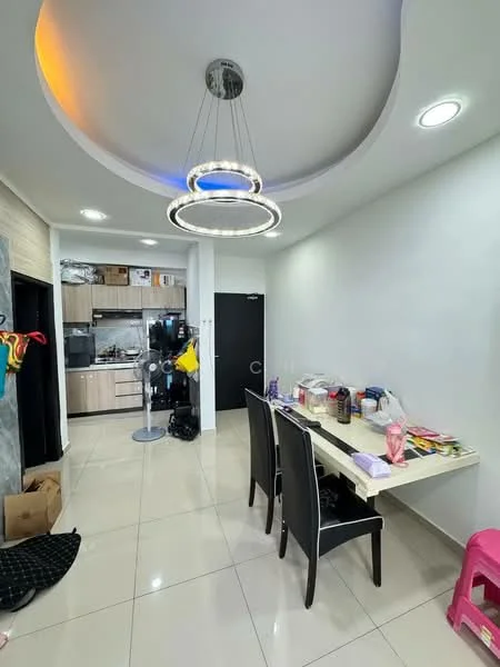 Dining features: white painted walls, glossy tile flooring, recessed downlights, modern chandelier with circular design, dining table with four black chairs, kitchenette area visible, built-in kitchen cabinets, stainless-steel appliances, open layout, decorative items on table; style: modern.