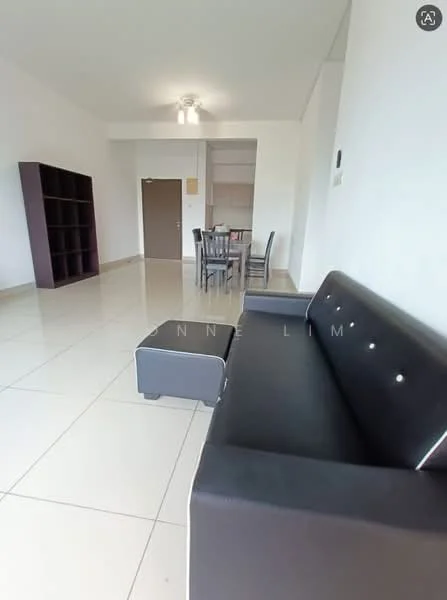 Living features: black leather sofa, ottoman, dining table with four chairs, white painted walls, tile flooring, recessed ceiling lights, open layout, bookshelf, floor-to-ceiling windows; style: modern.