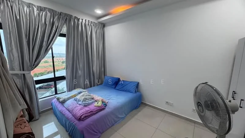 Bedroom features: queen-size bed with blue bedding, grey curtains, floor-to-ceiling window, white painted walls, tile flooring, ceiling light, wall-mounted fan, built-in wardrobe; style: modern; view: garden.