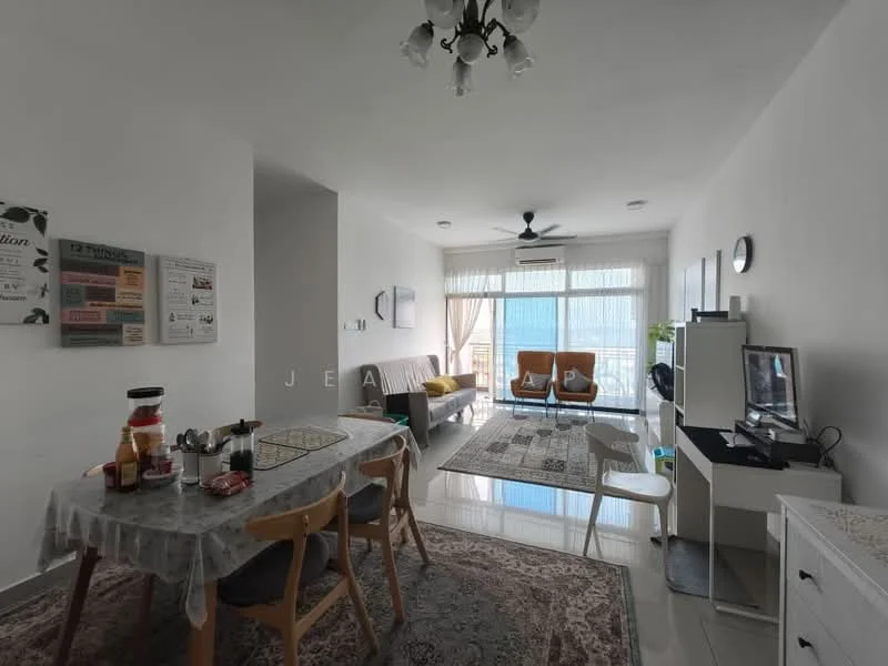Living features: white painted walls, tile flooring, 5-blade ceiling fan with light, sofa in grey fabric, coffee table, TV console, wall-mounted TV, area rug with geometric pattern, floor-to-ceiling windows, sheer curtains, dining table with 4 chairs, decorative wall art; style: modern; view: city.