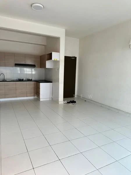 Kitchen features: white tiled flooring, light wood cabinetry, black countertop, built-in gas hob, exhaust hood, single-bowl stainless-steel sink, wall-mounted kitchen cabinet, open layout, neutral wall colour; style: modern. Living features: white tiled flooring, neutral wall colour, large open space, no visible furniture, natural light from windows; style: modern.
