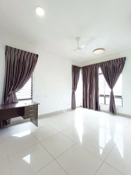 Room features: white painted walls, glossy ceramic tile flooring, 5-blade ceiling fan with light, large windows with sheer curtains, dark wood desk, curtains in dark grey, recessed ceiling lights; style: modern.