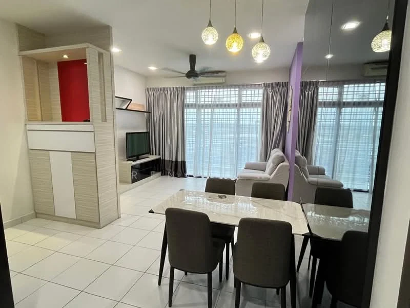 Living features: white tiled flooring, grey fabric sofa, black coffee table, wall-mounted TV, ceiling fan with light, curtains, decorative wall with purple accent, open-plan layout; style: modern. Dining features: 6-seater dining table, upholstered dining chairs, mirrored wall, white cabinetry, decorative pendant lights; style: modern.
