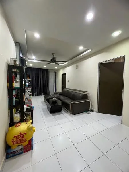 Living features: grey leather sectional sofa, 3-blade ceiling fan, recessed downlights, white painted walls, white tile flooring, floor-to-ceiling curtains, open shelving unit, decorative items on shelves, door leading to another room, wall-mounted TV, coffee table; style: modern.