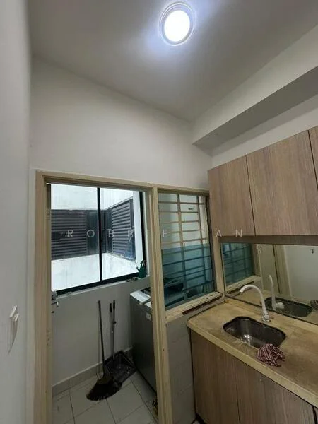 Kitchen features: light-colored wooden cabinetry, single-bowl stainless-steel sink, chrome pull-down faucet, countertop with beige surface, built-in washing machine, tile flooring, white painted walls, window with horizontal slats; style: modern.