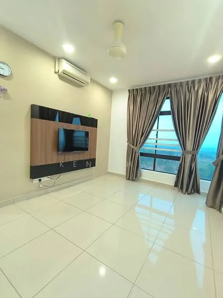 Living features: white painted walls, glossy ceramic tile flooring, 5-blade ceiling fan with light, wall-mounted TV console in wood finish, floor-to-ceiling windows, sheer curtains, air conditioning unit, clock on wall; style: modern; view: city.