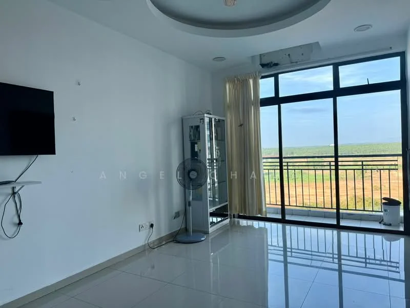 Living features: white painted walls, glossy tile flooring, recessed ceiling with circular design, floor-to-ceiling windows, sliding glass door, curtains, wall-mounted TV, ceiling fan, glass display cabinet, balcony view; style: modern; view: garden.