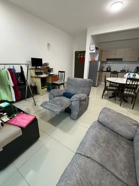 Living features: grey fabric reclining sofa, 3-seater sofa, coffee table, television on stand, dining table with chairs, kitchen area visible, light-colored tiled flooring, wall clock, clothes rack with hanging garments, refrigerator in kitchen area; style: modern.