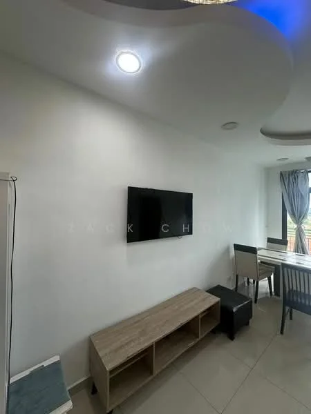 Living features: white painted walls, recessed downlights, wall-mounted TV, wooden TV console, dining table with chairs, floor-to-ceiling windows, grey curtains, tile flooring, decorative ceiling with curves; style: modern.