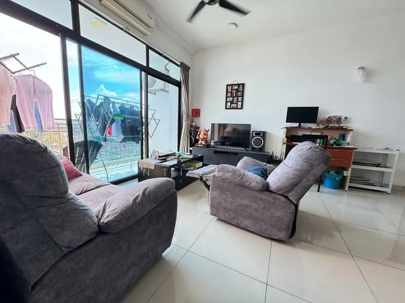 Living features: 2 grey recliner chairs, black TV console, wall-mounted TV, glass sliding door, floor-to-ceiling windows, white walls, cream tiled flooring, ceiling fan, small wooden desk, laundry drying rack visible on balcony; style: modern; view: city.