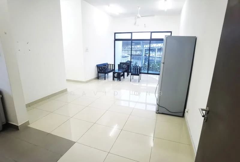 Living features: white painted walls, glossy ceramic tile flooring, ceiling fan, large windows with natural light, black dining chairs, glass-top dining table, stainless-steel fridge, open layout, neutral color scheme; style: modern.
