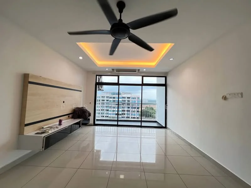 Living features: white painted walls, glossy ceramic tile flooring, 5-blade ceiling fan with integrated LED light, recessed lighting, large floor-to-ceiling windows, sliding glass door, wooden feature wall, built-in bench, city view; style: modern; view: city.