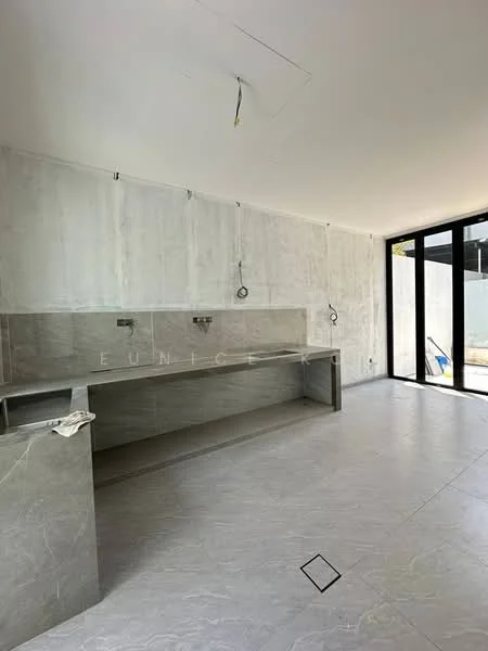 Kitchen features: grey marble countertop, concrete wall finish, floor-to-ceiling windows, two wall-mounted faucets, open layout, large floor tiles, no cabinetry visible, unfinished ceiling with exposed wiring; style: modern.