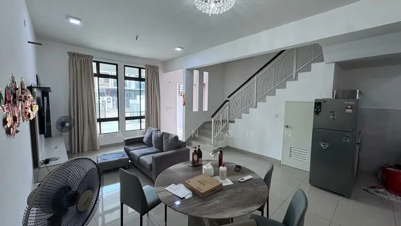 Living features: grey fabric sofa, round dining table, 4 dining chairs, wall-mounted TV, ceiling fan, chandelier, large windows with sheer curtains, tile flooring, white painted walls, decorative wall art; style: modern. Room features: staircase, white painted walls, tile flooring.