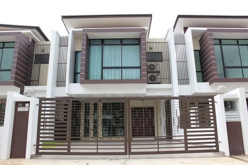 Exterior type: linked terrace house; features: brown and white painted facade, glass windows, horizontal and vertical slats on facade, two air conditioning units visible, gated entrance with metal grille, manicured lawn in front, two-storey structure, modern architectural design; style: modern.