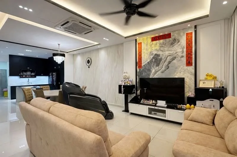 Living features: cream fabric sofa, 2-seater sofa, 3-seater sofa, black TV console, wall-mounted TV, decorative wall with marble finish, recessed ceiling lights, 5-blade ceiling fan, air conditioning unit, decorative artwork, white tiled flooring, glass coffee table, decorative figurines, wall-mounted clock; style: modern. Dining features: dining table for 6, black dining chairs, open kitchen layout, kitchen island, white cabinetry, stainless-steel appliances; style: modern.