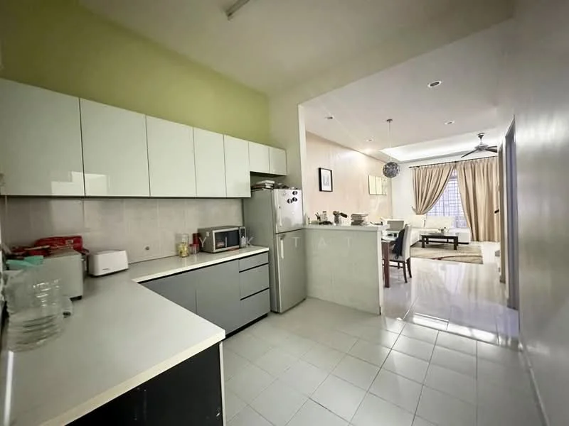 Kitchen features: white cabinetry, black lower cabinets, laminate countertop, stainless-steel sink, chrome pull-down faucet, built-in microwave, freestanding fridge, ceramic tile flooring, grey tiled backsplash, open layout to living area, recessed downlights; style: modern. Living features: sofa, dining table, ceiling fan, curtains, light-colored walls, area rug; style: modern.