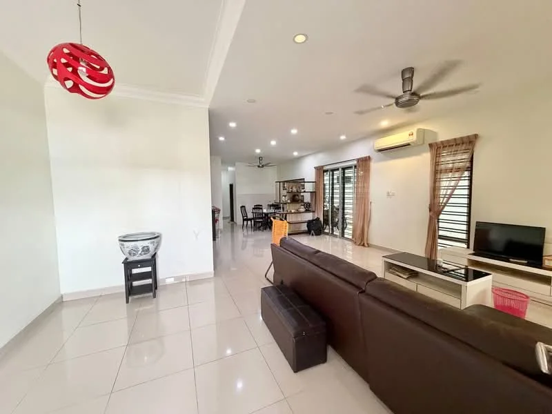 Living features: 3-seater leather sofa in brown, coffee table, wall-mounted TV, TV console, ceiling fan with light, recessed downlights, white painted walls, glossy tile flooring, curtains, decorative pendant light, open layout, windows with black frames; style: modern.