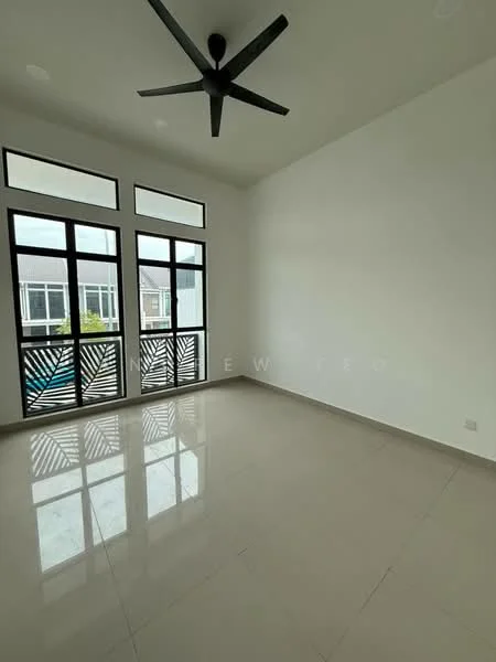 Room features: white painted walls, glossy tile flooring, 5-blade ceiling fan, floor-to-ceiling windows, black window frames, sliding glass door, natural light, open space; style: modern; view: garden.