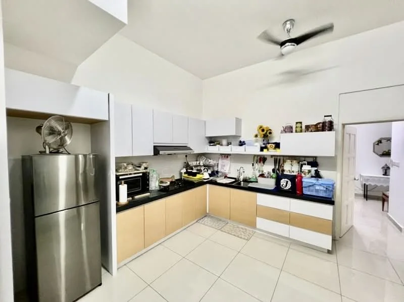 Kitchen features: stainless-steel fridge, built-in oven, freestanding microwave, black countertop, white upper cabinets, wood lower cabinets, kitchen sink, ceiling fan, tile flooring, wall-mounted shelves, decorative items on counter, window with natural light; style: modern.