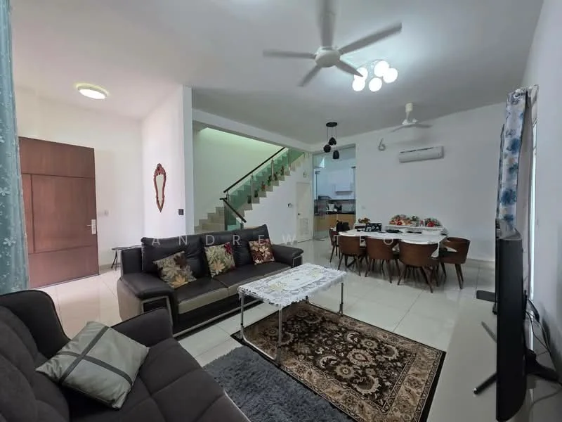 Living features: 3-seater fabric sofa in dark grey, coffee table with white top, area rug with floral pattern, wall-mounted TV, ceiling fan with light, recessed downlights, decorative cushions, dining table with 6 chairs, open-plan layout to dining area, large windows for natural light, white painted walls, tile flooring; style: modern. Dining features: 6-seater dining table, wooden dining chairs, decorative table setting, wall-mounted air conditioning unit, open access to kitchen, white painted walls, tile flooring; style: modern.