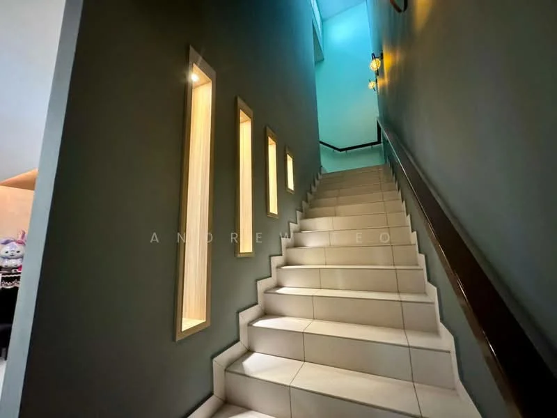 Room features: staircase with tiled flooring, grey painted walls, recessed lighting fixtures, narrow vertical windows with wooden frames, handrail on one side, light blue ceiling, modern design; style: modern.