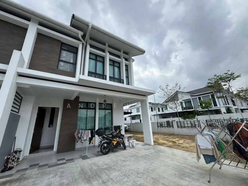 Exterior type: linked terrace house; features: two-storey building, grey painted facade, large windows, front porch area, concrete driveway, manicured lawn, clothes drying rack, motorcycle parked, surrounding residential area, paved walkway; style: modern.