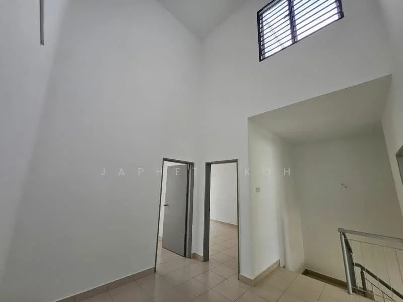Room features: white painted walls, tiled flooring, high ceiling, staircase, window with horizontal slats, two doorways, open space; style: modern.