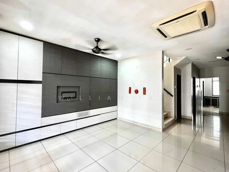 Living features: white painted walls, grey accent wall, glossy tile flooring, 5-blade ceiling fan with light, wall-mounted TV, built-in cabinetry, air conditioning unit, staircase leading to upper floor; style: modern.