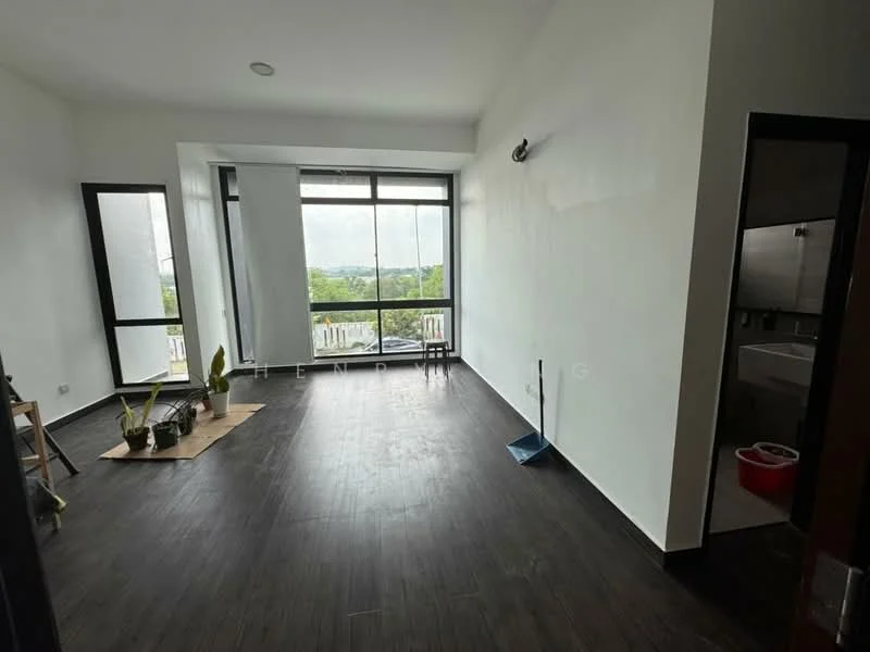 Living features: white painted walls, dark wood flooring, floor-to-ceiling windows, natural light, sliding glass door, curtains, ceiling light fixture, open layout, view of greenery; style: modern; view: garden. Bathroom features: tile flooring, bathtub, sink, toilet, mirror, wall-mounted faucet.