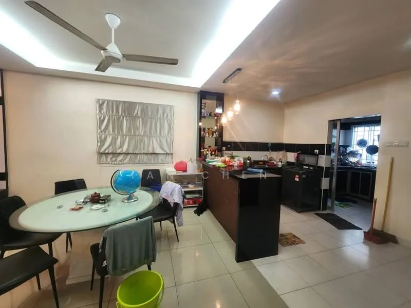 Kitchen features: round dining table, black dining chairs, 5-blade ceiling fan, recessed LED downlights, white painted walls, black cabinetry, stainless-steel fridge, built-in oven, ceramic tile flooring, countertop with storage, kitchen island, open shelving, sink, microwave; style: modern.