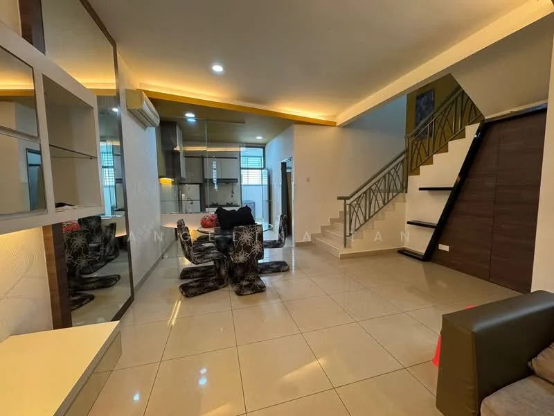 Living features: glossy beige tile flooring, white painted walls, recessed downlights, sofa in grey fabric, black bean bag chairs, glass coffee table, built-in shelving unit, staircase with wooden steps and metal railing, large windows with natural light, open layout to kitchen, decorative wall art; style: modern.