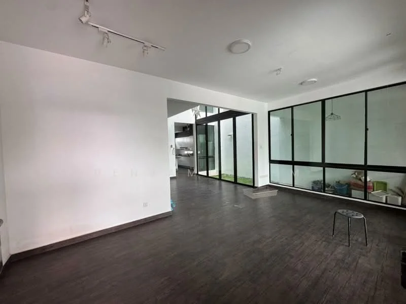 Living features: white painted walls, dark wood laminate flooring, recessed downlights, floor-to-ceiling windows, sliding glass door, open layout, ceiling fan, wall-mounted light fixtures; style: modern; view: garden.