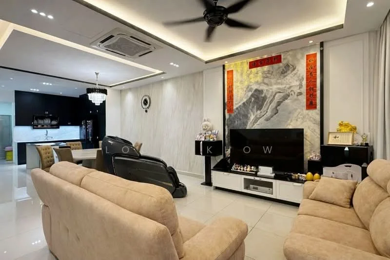 Living features: cream fabric sofa, 2-seater sofa, 3-seater sofa, black TV console, wall-mounted TV, decorative wall art, recessed ceiling lights, ceiling fan, marble accent wall, white tiled flooring, decorative items on console, air conditioning unit; style: modern. Dining features: 6-seater dining table, black dining chairs, open kitchen view, decorative wall art, recessed ceiling lights; style: modern.
