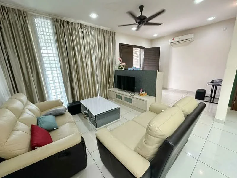 Living features: 2-seater leather sofa in black, 3-seater leather sofa in cream, coffee table with glass top, TV console, wall-mounted TV, floor-to-ceiling windows with sheer curtains, recessed downlights, ceiling fan, air conditioning unit, decorative cushions, tile flooring, light-colored walls, curtains in beige; style: modern.
