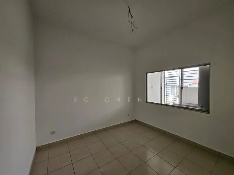 Room features: white painted walls, tile flooring, single window, no visible fixtures or furniture, ceiling with exposed wiring.