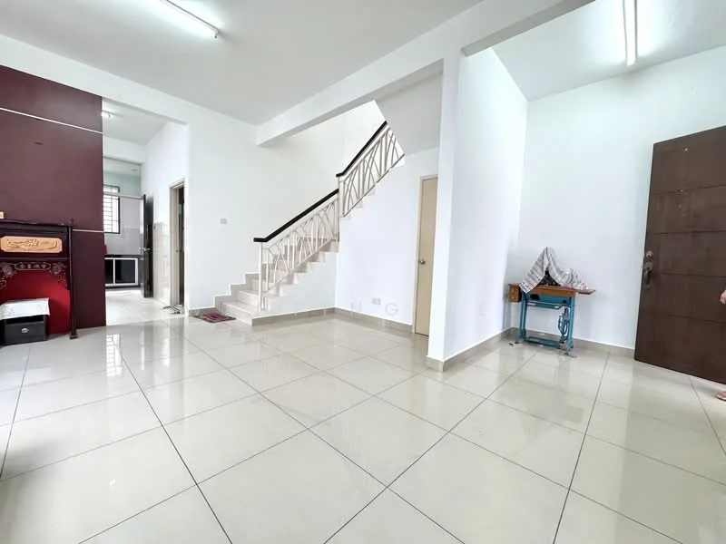 Room features: white painted walls, glossy ceramic tile flooring, staircase with wooden railing, door leading to another room, open layout, ceiling lights, corner table, empty space, no visible furniture; style: modern.