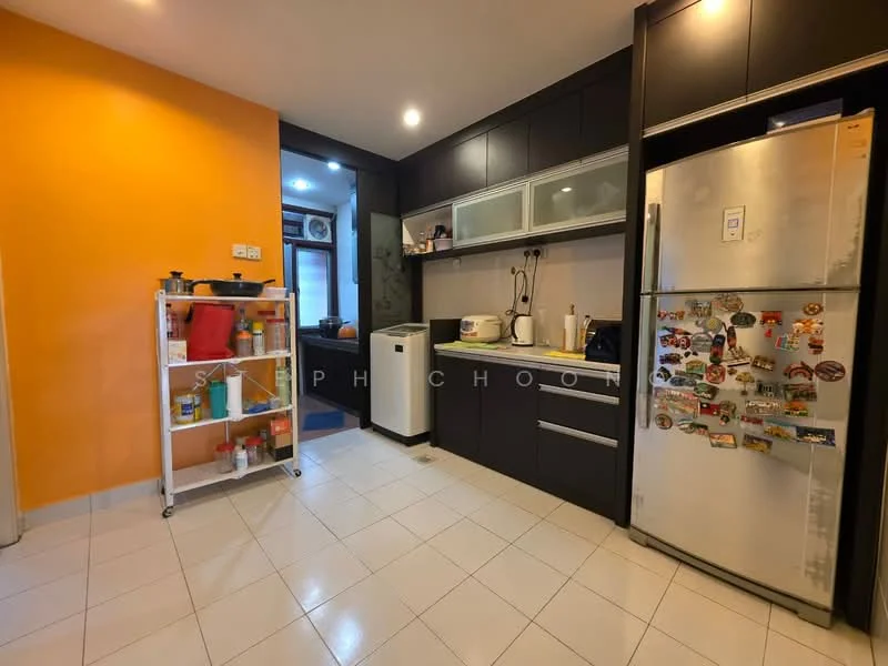 Kitchen features: black cabinetry, orange accent wall, white tiled flooring, stainless-steel refrigerator, built-in microwave, white countertop, single-bowl stainless-steel sink, chrome pull-down faucet, kitchen cart with open shelving, various kitchen appliances, window above sink, tile backsplash; style: modern.