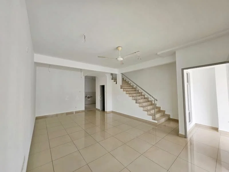 Living features: white painted walls, cream tiled flooring, 5-blade ceiling fan, staircase with beige steps, large windows with white frames, open layout, natural light from windows, no visible furniture; style: minimalist.