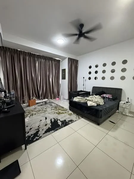 Bedroom features: queen-size bed, upholstered headboard, black bedding, 3-blade ceiling fan, floor-to-ceiling windows, sheer curtains, dark wood bedside table, decorative wall mirrors, area rug with abstract pattern, white painted walls, tile flooring; style: modern.
