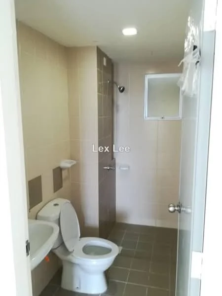Bathroom features: white tiled walls, grey tiled flooring, one-piece toilet, shower with glass partition, chrome shower head, wall-mounted soap dish, window for ventilation, ceiling light; style: modern.