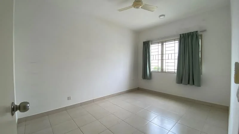 Room features: white painted walls, tile flooring, ceiling fan, window with green curtains, single window, neutral color scheme.