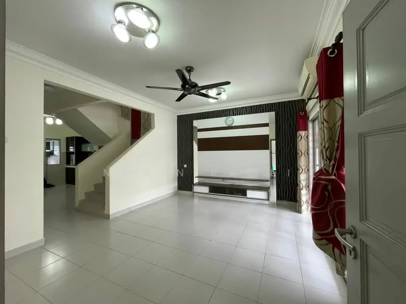 Living features: white painted walls, tile flooring, 5-blade ceiling fan with light, recessed downlights, wall-mounted TV, TV console, large windows with red curtains, decorative wall panel, open layout to staircase, neutral color scheme; style: modern.