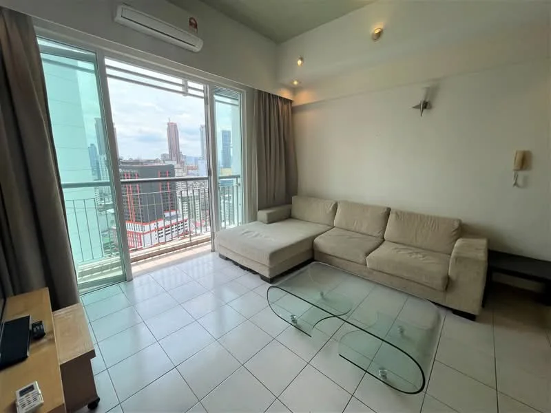 Living features: beige fabric L-shape sectional sofa, glass coffee table, floor-to-ceiling windows, sliding glass door, curtains, wall-mounted air conditioning unit, recessed downlights, white painted walls, tile flooring; style: modern; view: city.